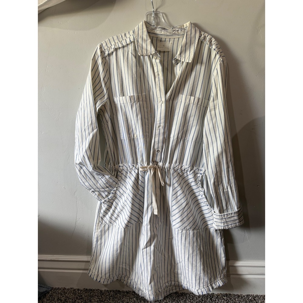 Caslon Womens Blue White Striped Shirt Dress Drawstring Waist Frayed Hem Large